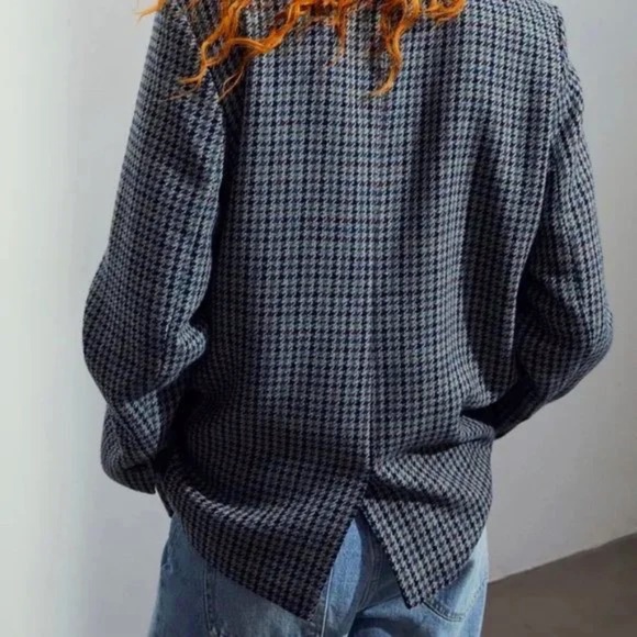 H&M Single-Breasted Houndstooth Blazer - Grey Blue Brown Green - US M - Picture 2 of 11